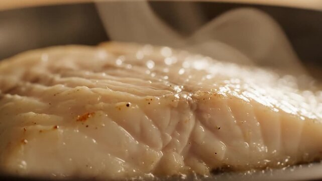 Close-up of white fish fillet cooking in a hot pan with steam rising showing flaky texture and seasoning in warm kitchen lighting