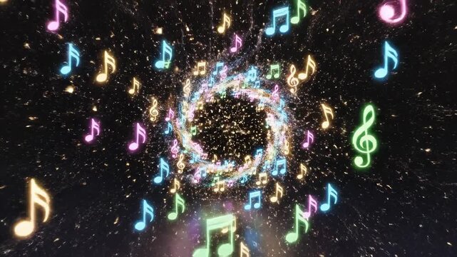 Dynamic burst of sharp, illuminated musical notes appearing quickly against a contrasting dark void, signifying energy and rhythm tempo, intense, conceptual art