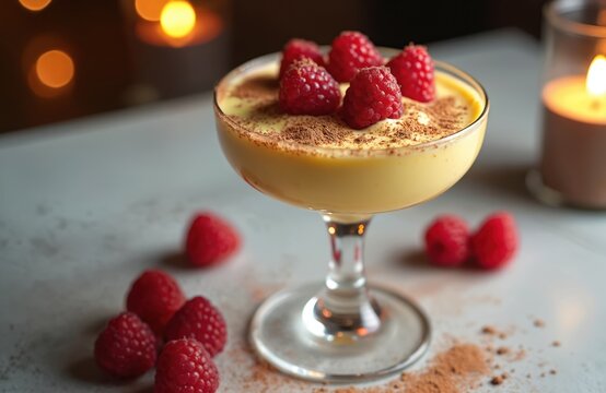 Creamy dessert in glass topped with fresh raspberries and cocoa powder. Sweet treat with berries dusted with chocolate. Delicious custard with fruit garnish, served elegantly.