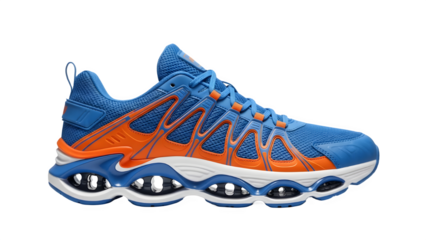 Vibrant Blue and Orange Performance Sneaker with Wavy Sole Design, Sport Footwear PNG with Alpha Channel and Isolated Subject