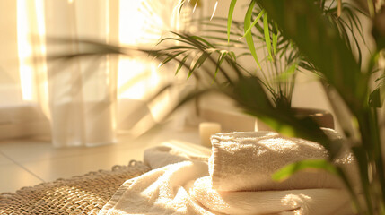 Dreamy Morning Wellness Scene with Towels and Sunlight