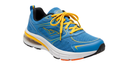 Electric Blue Mesh Sport Sneaker with Bright Yellow Laces, Isolated Subject with Alpha Channel and Professional Cut-out