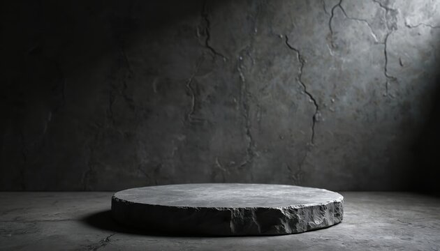 Stone podium with rough texture sits on concrete floor. Dark cracked wall forms background. Minimal scene for product display or advertising with soft light.