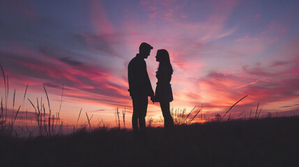 Romantic Couple Silhouette at Sunset in Meadow
