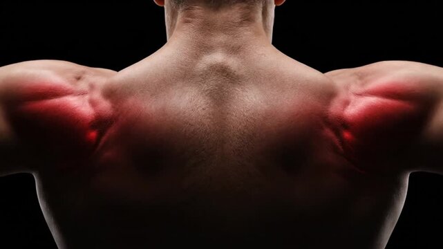 Rear view of a muscular man's upper back and shoulders, with red highlights indicating pain or injury on the deltoids.
