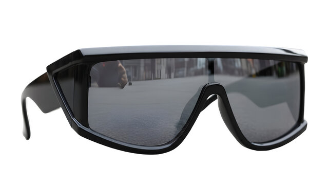 Futuristic black shield visor sunglasses for a bold statement, flawless cut-out on alpha channel for edgy fashion editorials and avant-garde designs.
