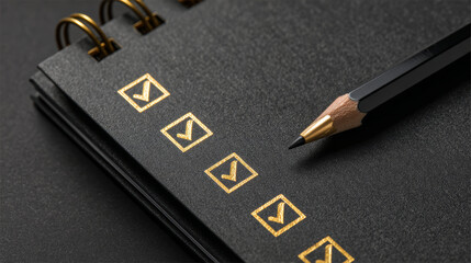Checklist with golden check marks on black notebook and black pencil for task completion and organization concept