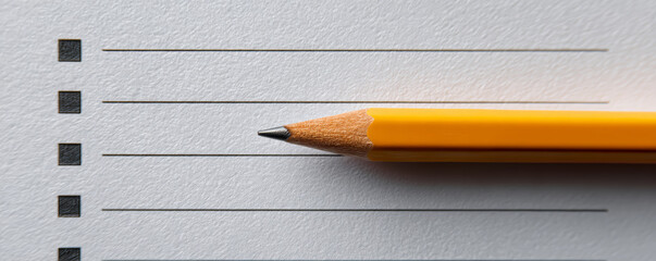 Checklist pencil on white paper with black checkboxes and lines, symbolizing organization and planning with bright yellow wooden pencil