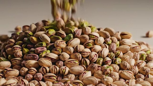 Dynamic cinematic capture showing a steady stream of shelled and unshelled pistachio nuts pouring in a pile to fill the frame against a clean backdrop backdrop, studio, pouring
