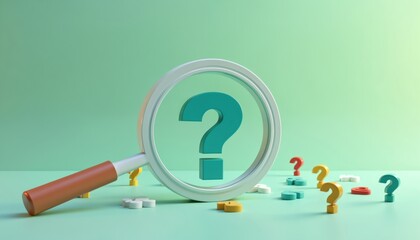 Magnifying glass focuses on big teal question mark. Small colorful question marks scatter on light green surface. Finding answers is a search for truth and knowledge.