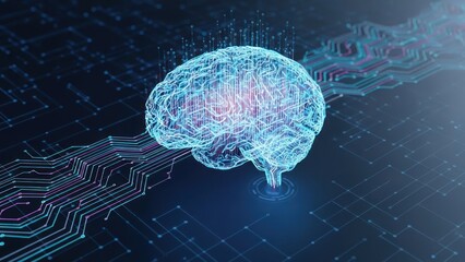 Futuristic glowing digital human brain with complex neural network connections on an abstract circuit board background, symbolizing artificial intelligence and advanced computing.