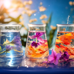 Colorful Flowers in Laboratory Beakers Outdoors under Bright Sunlight for Natural Ingredient Testing