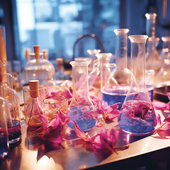 Modern Laboratory Flasks with Pink Petals and Blue Bio-Liquid for Advanced Floral Science