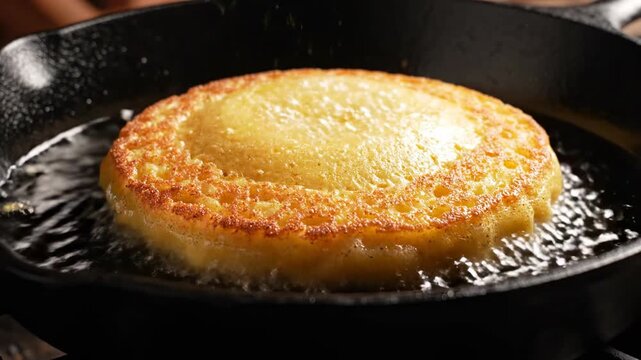 Dynamic cinematic close-up of a thick corn flour arepa sizzling dramatically in hot vegetable oil within a black cast iron frying pan creating bubbles and crisp edges appetizer, corn, flour
