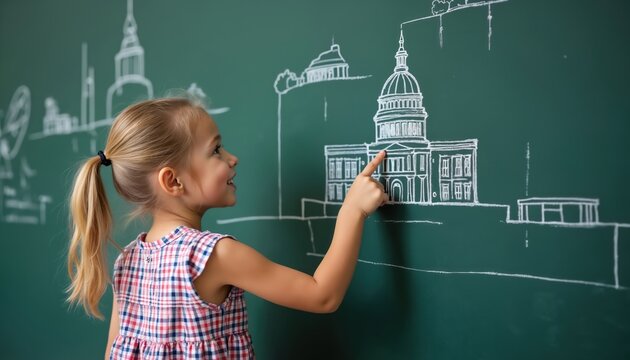 Young girl points at capitol building drawing on classroom blackboard. Child learns about government, civics and architecture in school. Future leader studies law, democracy.