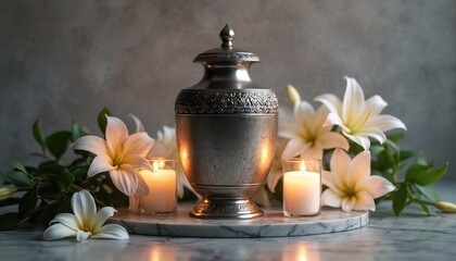Metal urn with ashes, white lilies, and lit candles on marble. Memorial service setup for remembrance, peace, and honoring loved ones. Final farewell.