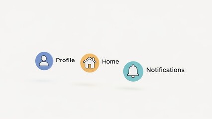 Minimalist user interface icons for Profile, Home, and Notifications on a clean isolated white background, representing modern digital app navigation.