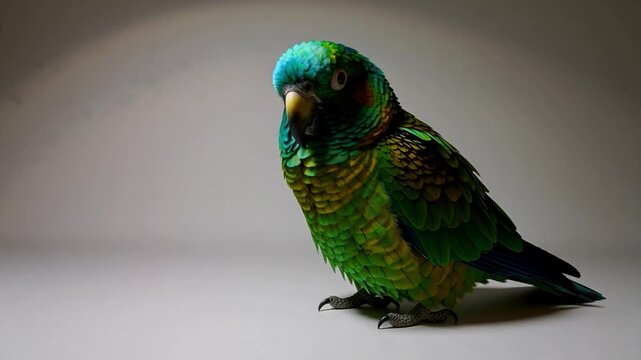 Green parrot standing isolated on neutral background in studio light
