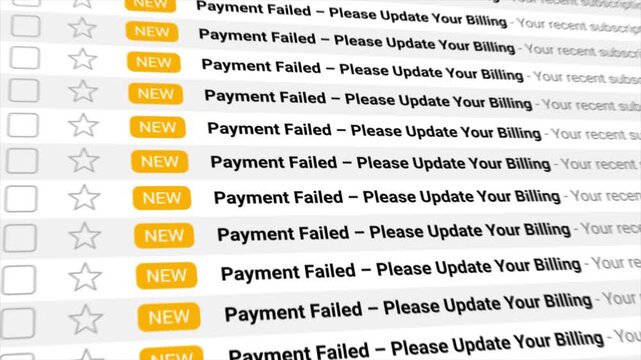 Payment Failed notifications requiring billing updates appear in large numbers on a digital inbox screen. Depicts urgent financial issues, and overdue subscriptions.