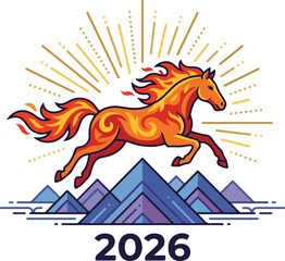 Fiery Horse Leaping Over Mountains with Sunburst and 2026 Year - Chinese Zodiac Symbol