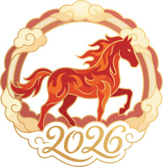 Obraz premium Fiery Red Horse Illustration with 2026 Year of the Horse Symbol, Chinese Zodiac