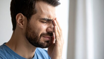 Fototapeta premium A man is wiping tears from his face expressing sadness and grief emotionally today.