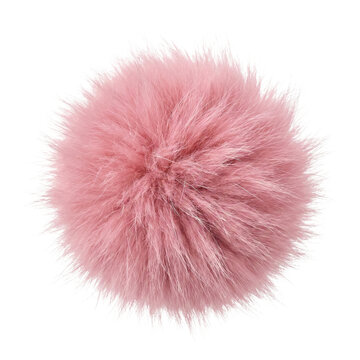 Pink fluffy fur pompom. Soft textile ball with long fibers.