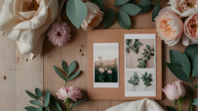 Collection of instant photo prints with floral imagery and golden rings on wooden surface. Memory concept