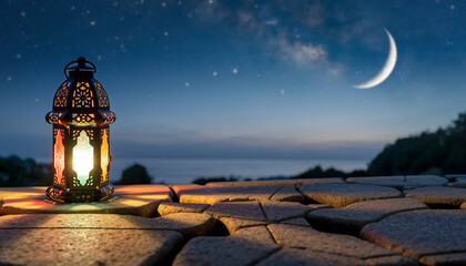 Ramadan lantern illuminates a serene night landscape with a crescent moon in the sky