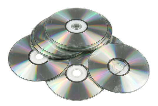 Stack of silver optical discs. Multiple CD or DVD storage media.