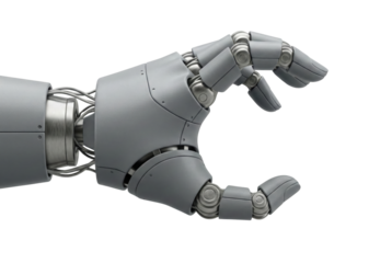 Matte grey robotic hand. Futuristic bionic limb with articulated fingers.