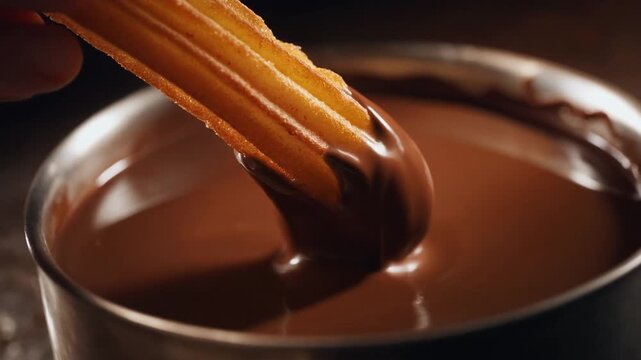 closeup of churros dipped into warm chocolate
