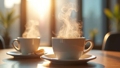 Two white cups full of hot coffee with steam rising sit on a wooden table. Sunlight streams across the scene creating a warm, inviting atmosphere ideal for a break.