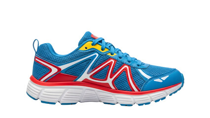 Vibrant blue and red athletic running shoe for professional athletes, breathable mesh sports footwear with cushioned sole, cut-out design, PNG with alpha channel.