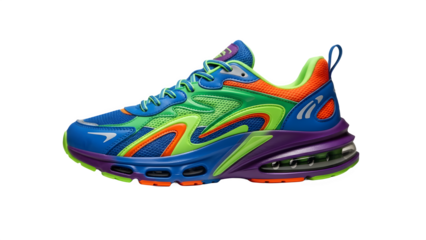 High-tech futuristic running shoe in neon green, blue, and purple, innovative athletic footwear with air cushion technology, isolated subject, clean cut-out.