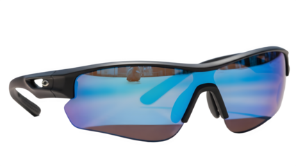 Sporty wrap-around sunglasses with blue mirrored lenses and black frame, high-performance eyewear for cycling and running, cut-out with transparency.
