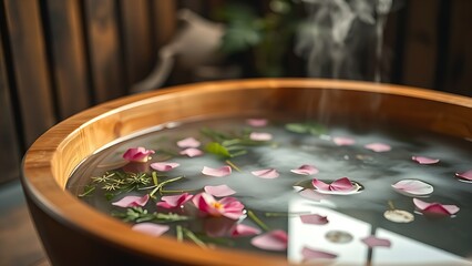 soaking. Wooden bathtub with floating herbs and petals, gentle steam rising. lifestyle magazines, social media lookbooks, designed for lifestyle magazines and social media content.