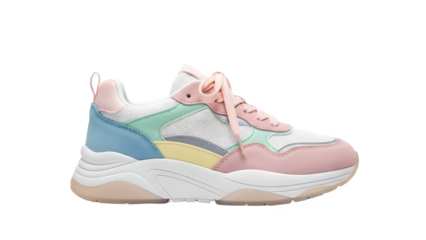 Multicolor pastel chunky trainer in pink green and blue shades, feminine sporty style clean cut-out