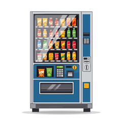 A blue vending machine with snacks and drinks, front view, and a glass front