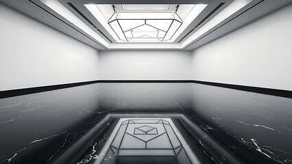 Fototapeta premium pronouncement. A minimalist gallery with black marble floor reflecting geometric ceiling lights. real-estate listings.