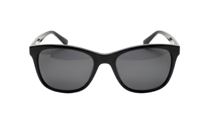 Stylish black classic sunglasses for women featuring dark lenses provided as a clean cut-out with transparency for easy design integration