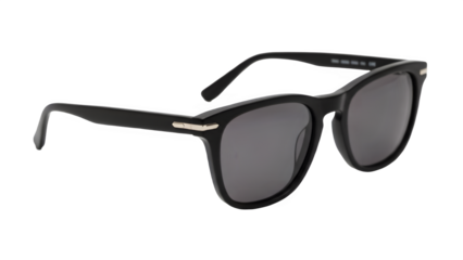 Elegant black wayfarer sunglasses shown in a side perspective presented as an isolated subject for versatile use in professional graphic design