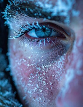 A close-up of an eye surrounded by frost, showcasing intricate details of the eyelashes and icy textures against a blue backdrop.