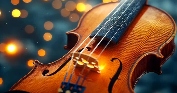 Close-up of a violin with bokeh lights in background
