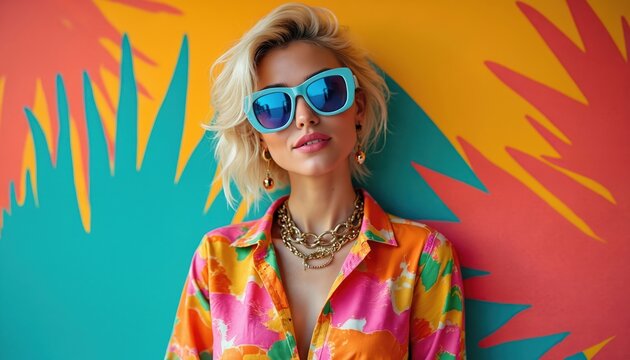 Stylish woman with blond hair wears bright floral shirt and blue sunglasses. She poses against colorful abstract background. Gold chains adorn her neck. Modern fashion portrait.