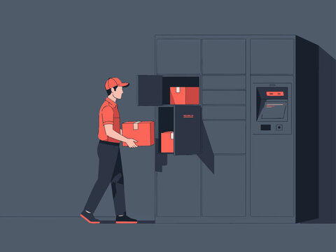 A delivery man carries boxes into a secure smart locker unit. Modern design, clear composition, and a professional setting. Suitable for commercial use.