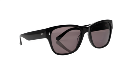 Timeless black acetate sunglasses with dark smoke lenses in a three quarter view with background removal applied for seamless integration