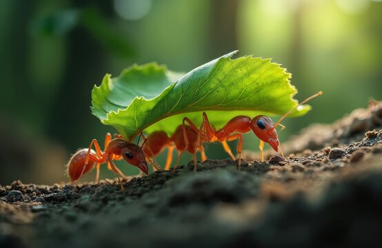 Small red ants carry green leaf fragment over ground. Tiny insects work together, moving food to colony home. Teamwork and community effort in wild nature.