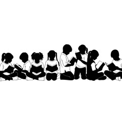 Silhouette of children engrossed in reading books together.