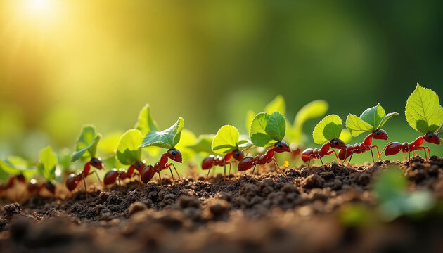 Red ants carry green leaves in macro view. Insects work together in colony on ground. Sunlight shines, blurred green background, teamwork concept.
